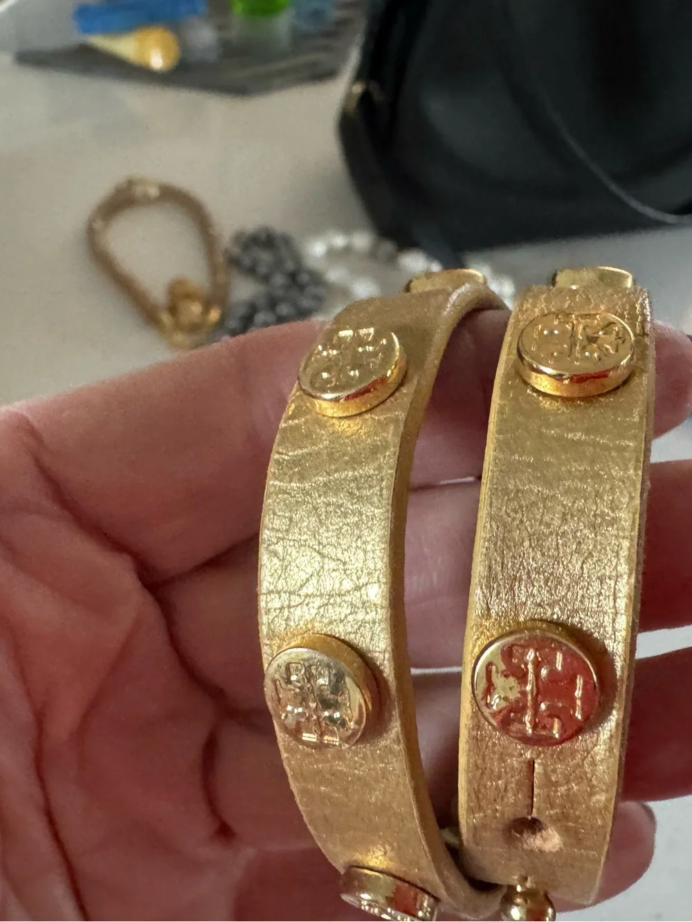 Tory Burch Metallic Gold Double-Wrap Logo Stud Bracelet - Picture 2 of 4